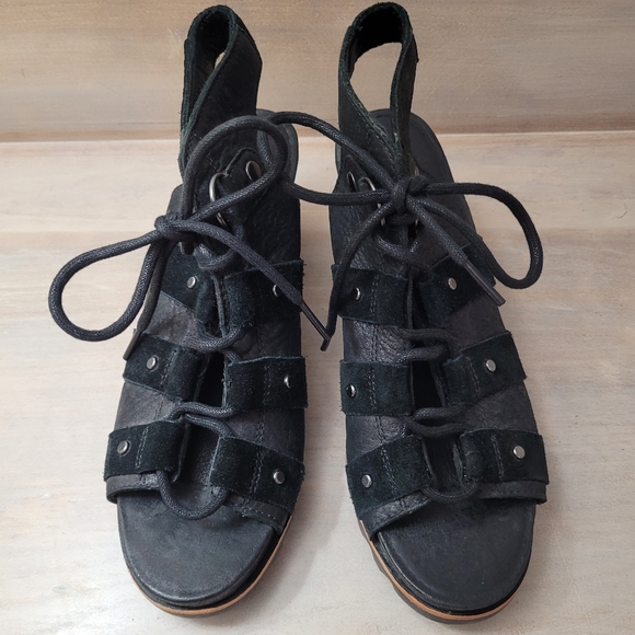 Sorel Womens Addington Black Leather Lace up Studded Heeled Sandals Size 7 Black - Picture 4 of 12